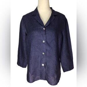 Finity Naturals Blue Linen 3/4 Sleeve Button Up Blouse Size Large NEW